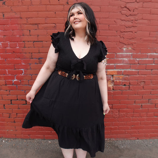 BLACK BOW SMOCKED MIDI DRESS