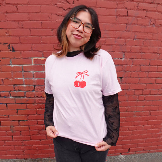 PINK POCKET CHERRY BOW COQUETTE T SHIRT