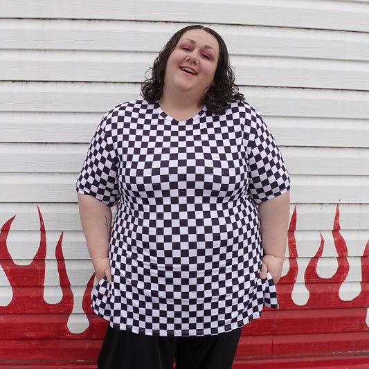 Checkered Print Split Side Tee