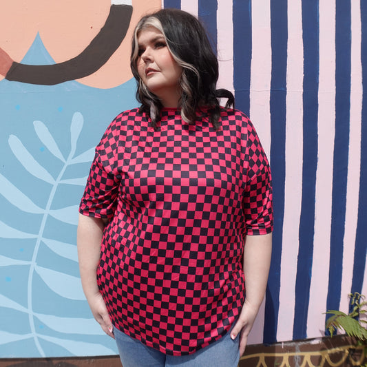 Hot Pink Checker Print Tee - Comfy Fit
