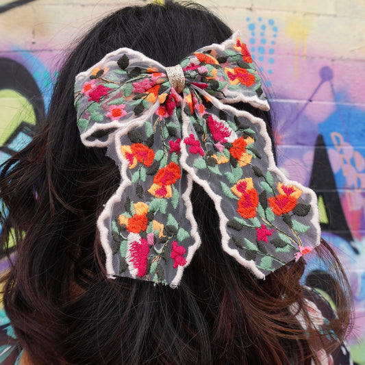 Embroidered Floral Hair Bow