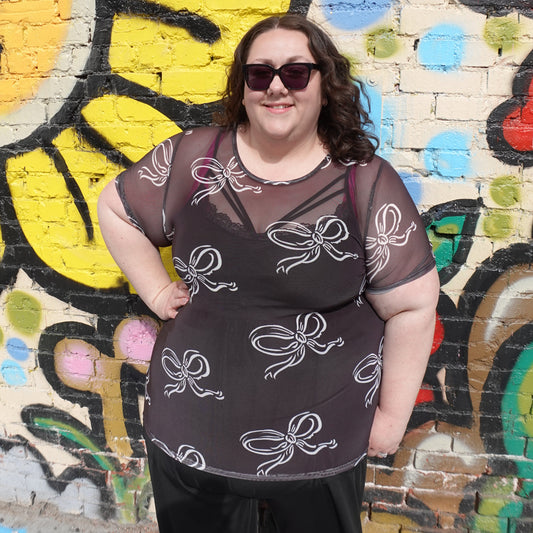 Bow Print Mesh Top