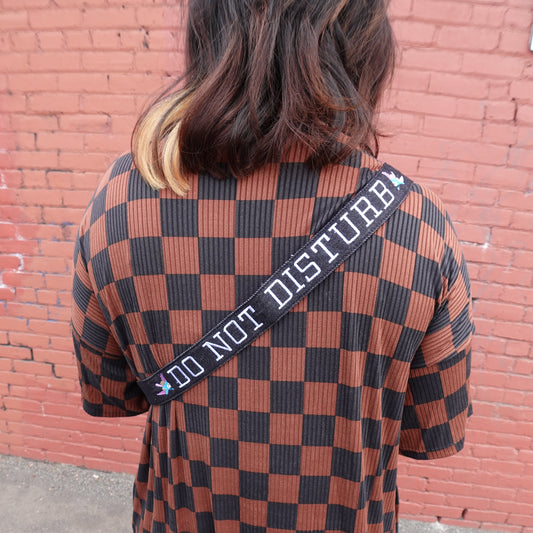 DO NOT DISTURB EMBROIDERED DENIM CROSSBODY BAG