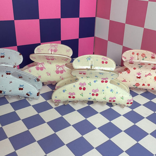 Cream with Pink Flowers & Cherry Bow Hair Claw