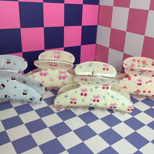 Cream Cherry Bow Hair Claw With Blue Flowers