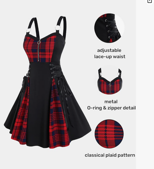 Plaid and Black Stretch Lace Up Dress, Rosegal, #32