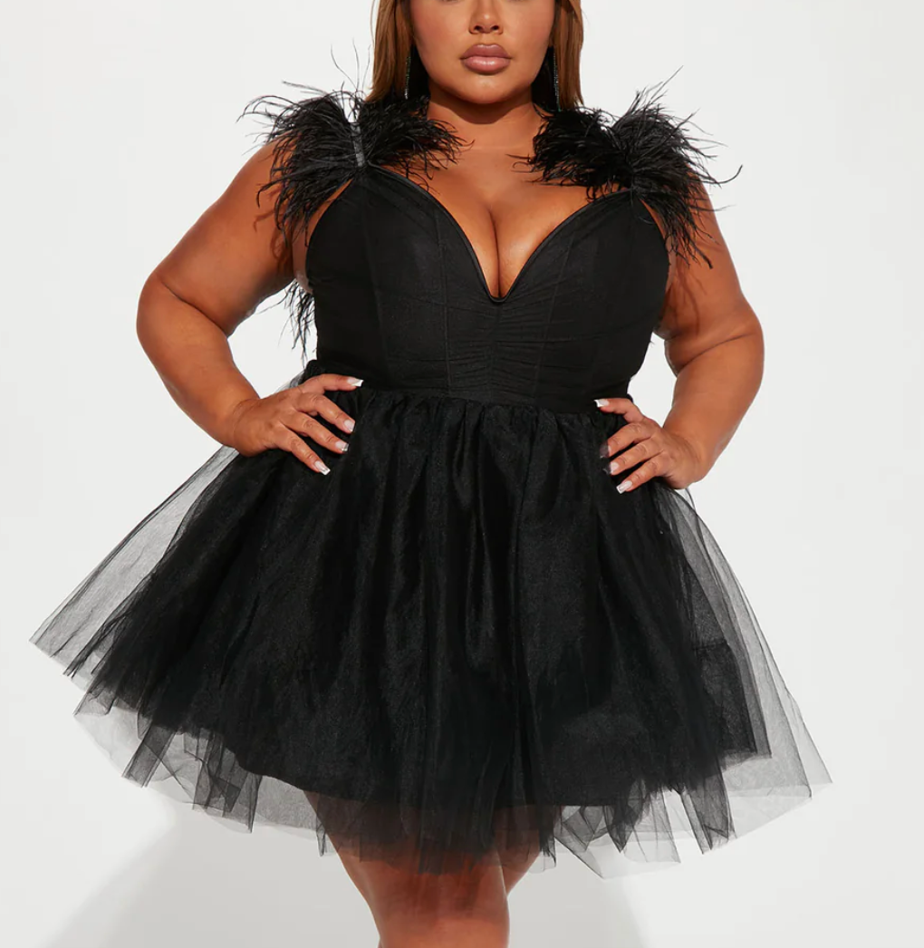Black Tulle Feather Detail Mini Dress FN Size 3X #75