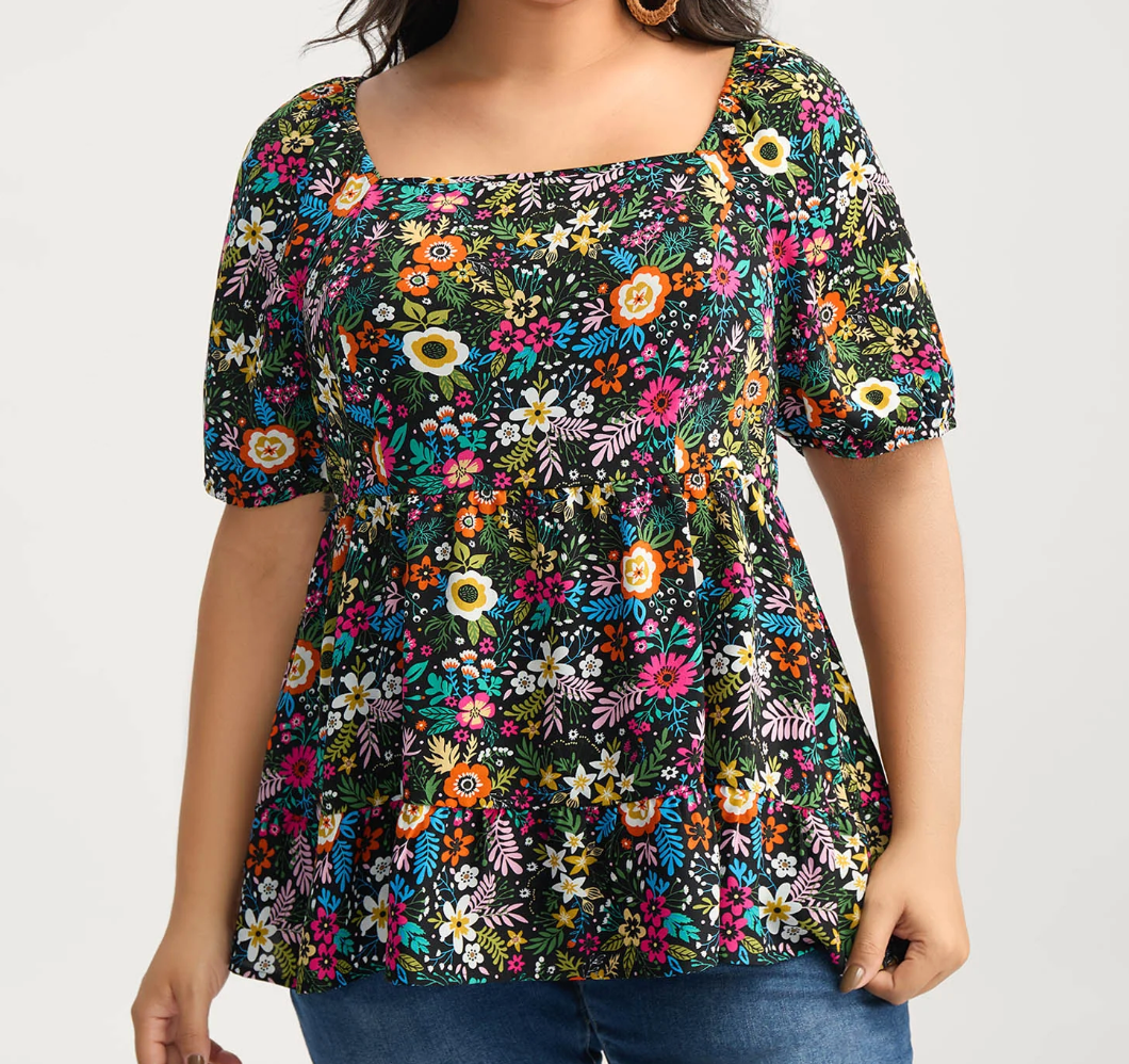 Colorful Floral Black Top Bloomchic #86
