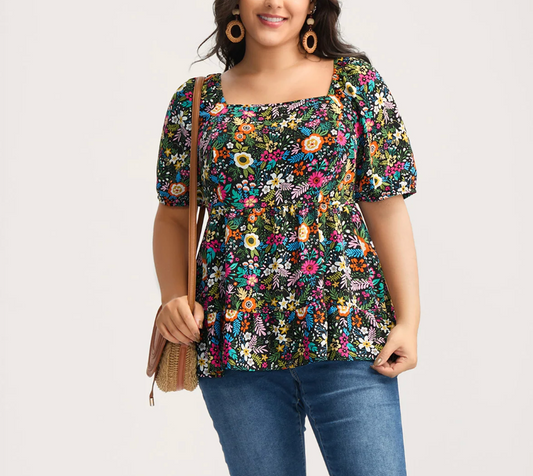 Colorful Floral Black Top Bloomchic #86