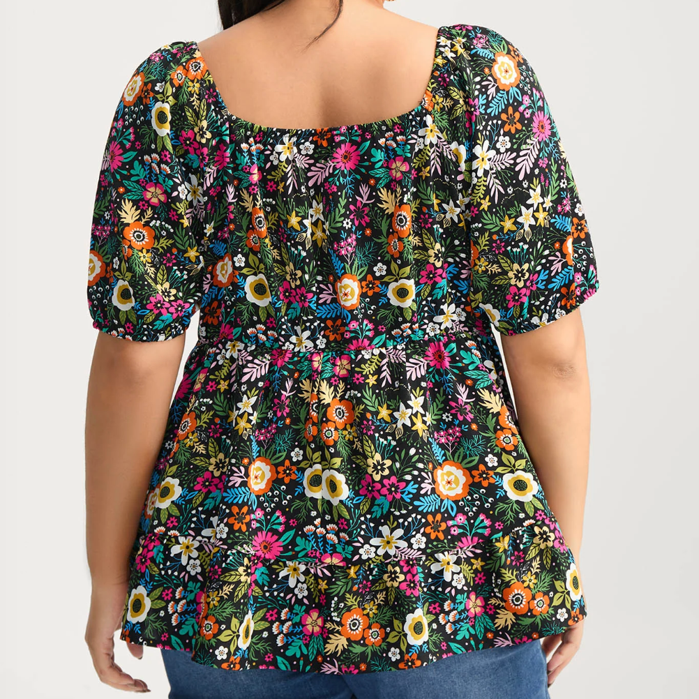 Colorful Floral Black Top Bloomchic #86