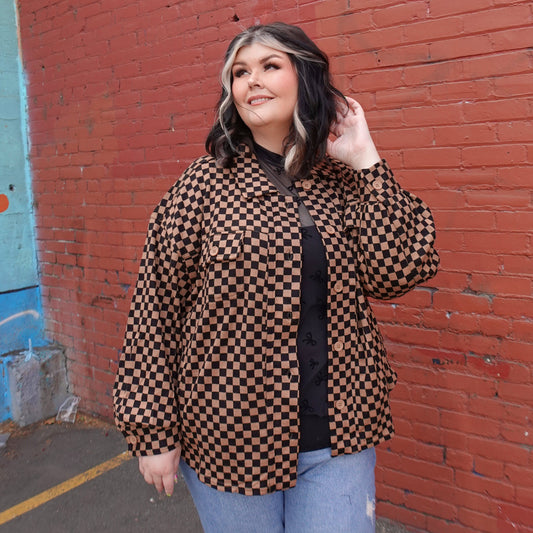 BROWN CHECKERED BUTTON UP SHACKET
