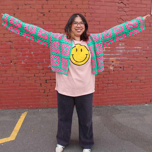PINK & GREEN CROCHET CARDIGAN