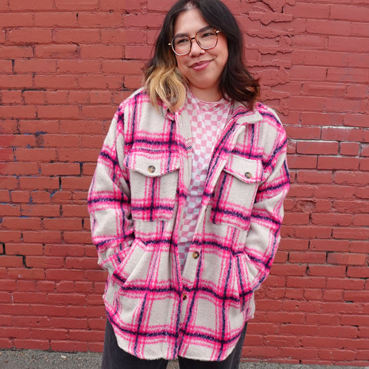 LOOSE FIT HOT PINK PLAID SHACKET