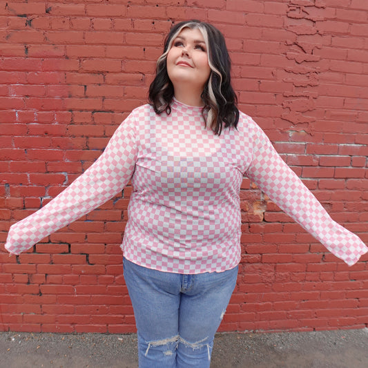 PINK CHECKERED PRINT MESH TOP