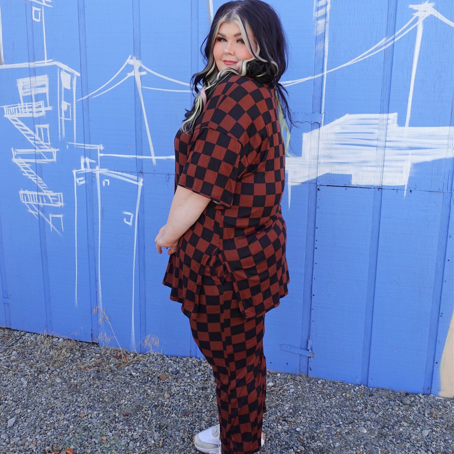 Mocha and Black Checkered 2 Piece Set (S-3X)