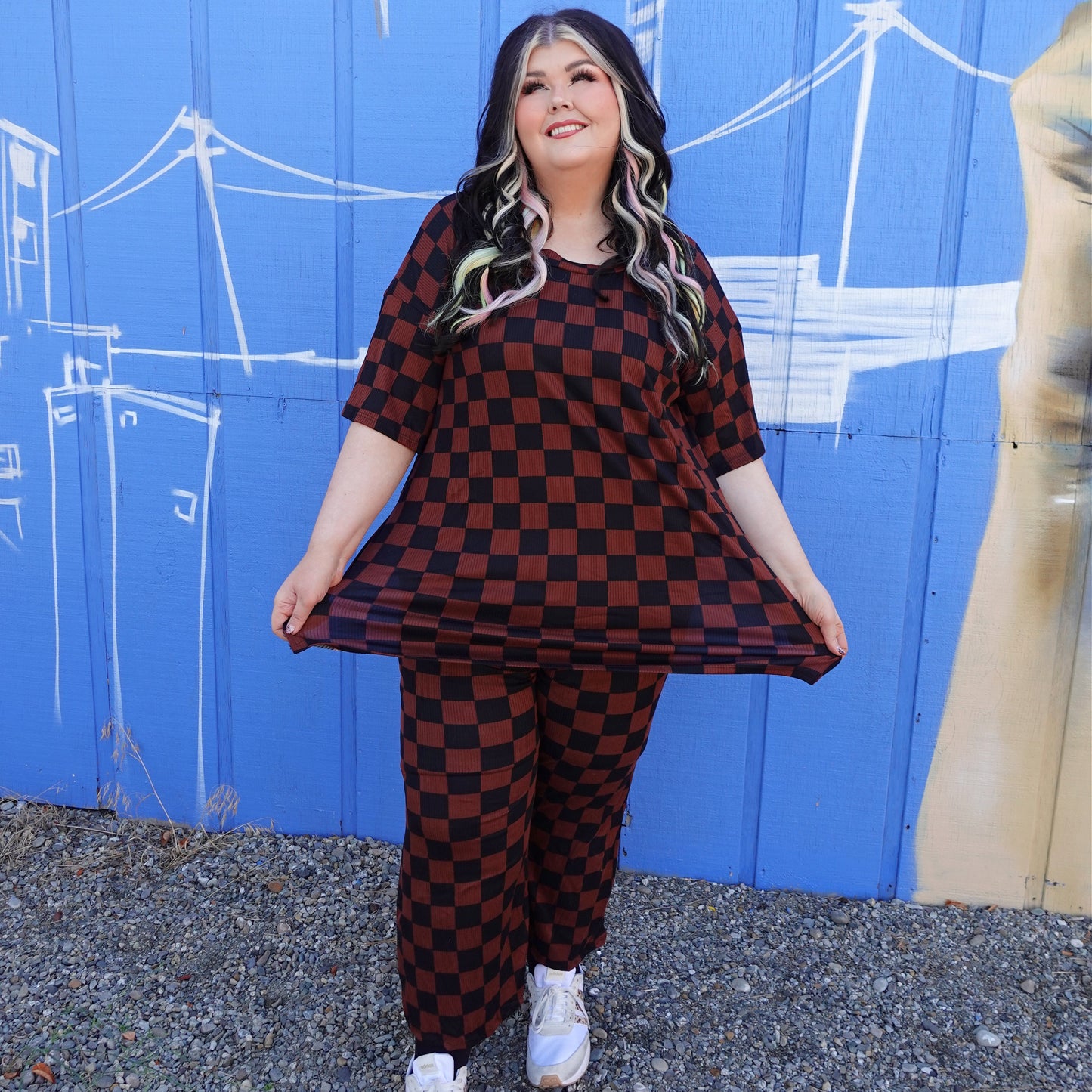 Mocha and Black Checkered 2 Piece Set (S-3X)