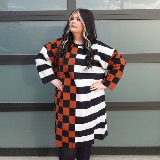 Oversized Checkered & Stripe Midi Sweater Dress (1X/2X)