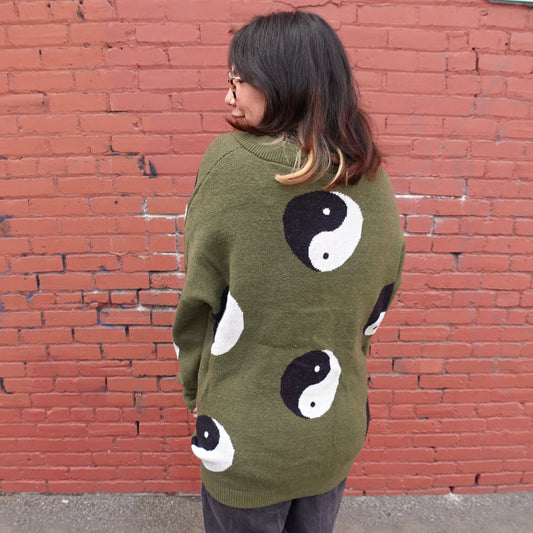 Oversized Olive Green Yin Yang Cardigan