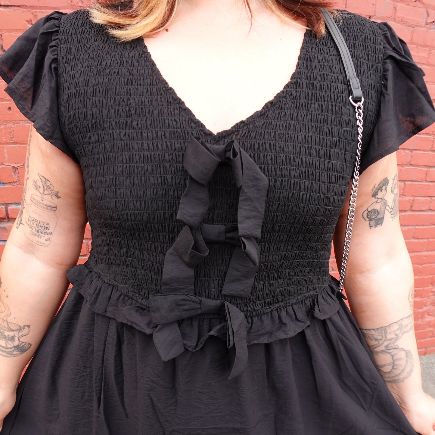 BLACK BOW SMOCKED MIDI DRESS