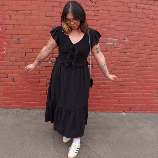 BLACK BOW SMOCKED MIDI DRESS