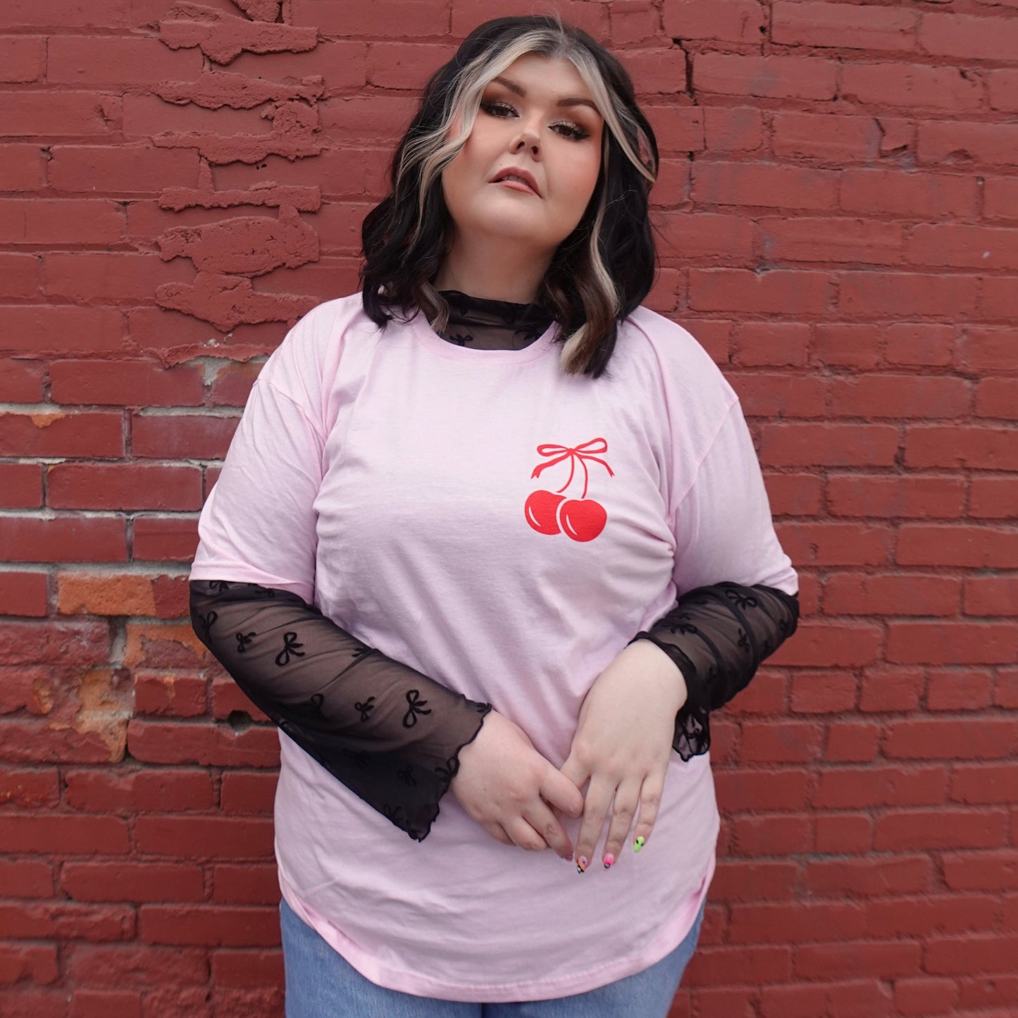 PINK POCKET CHERRY BOW COQUETTE T SHIRT