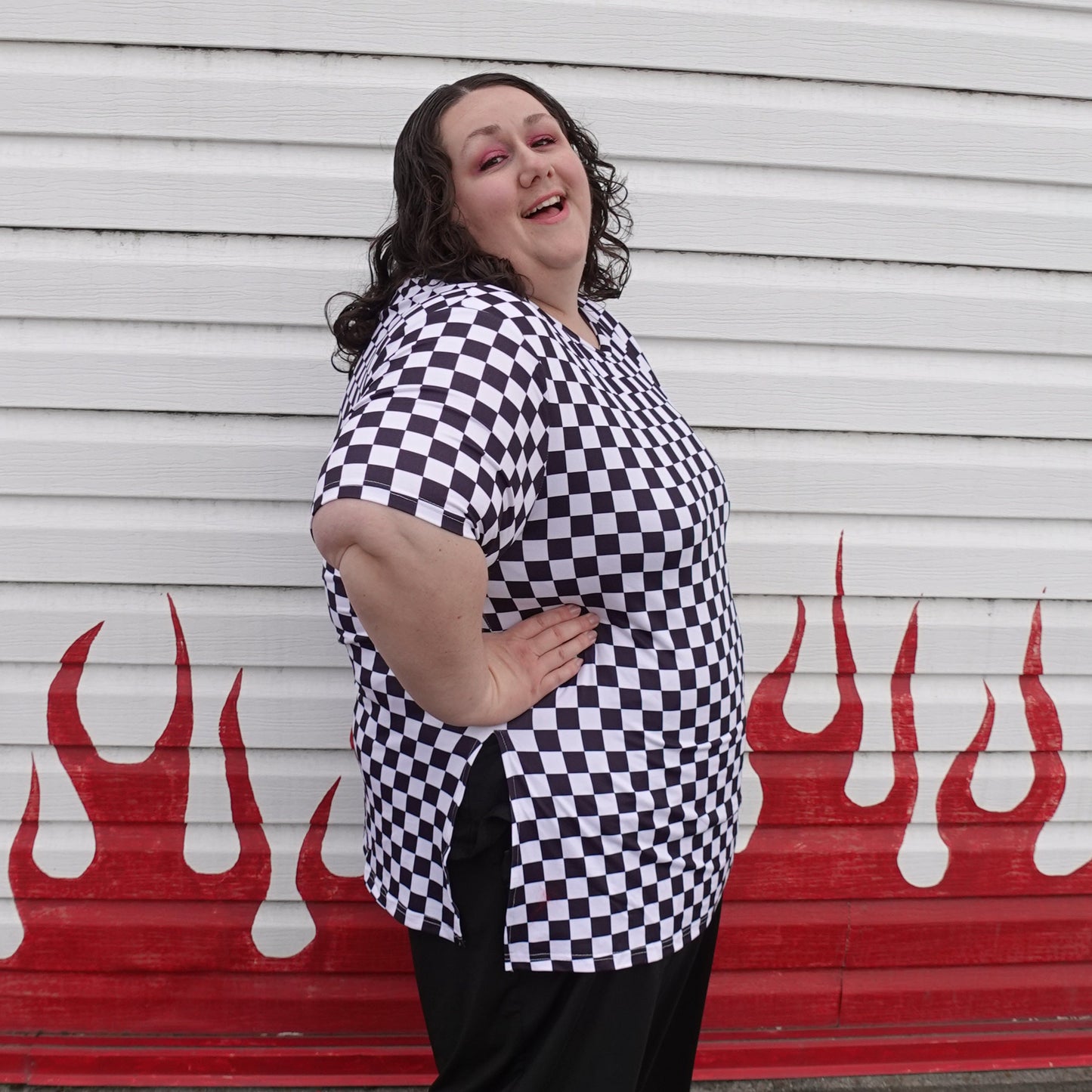 Checkered Print Split Side Tee