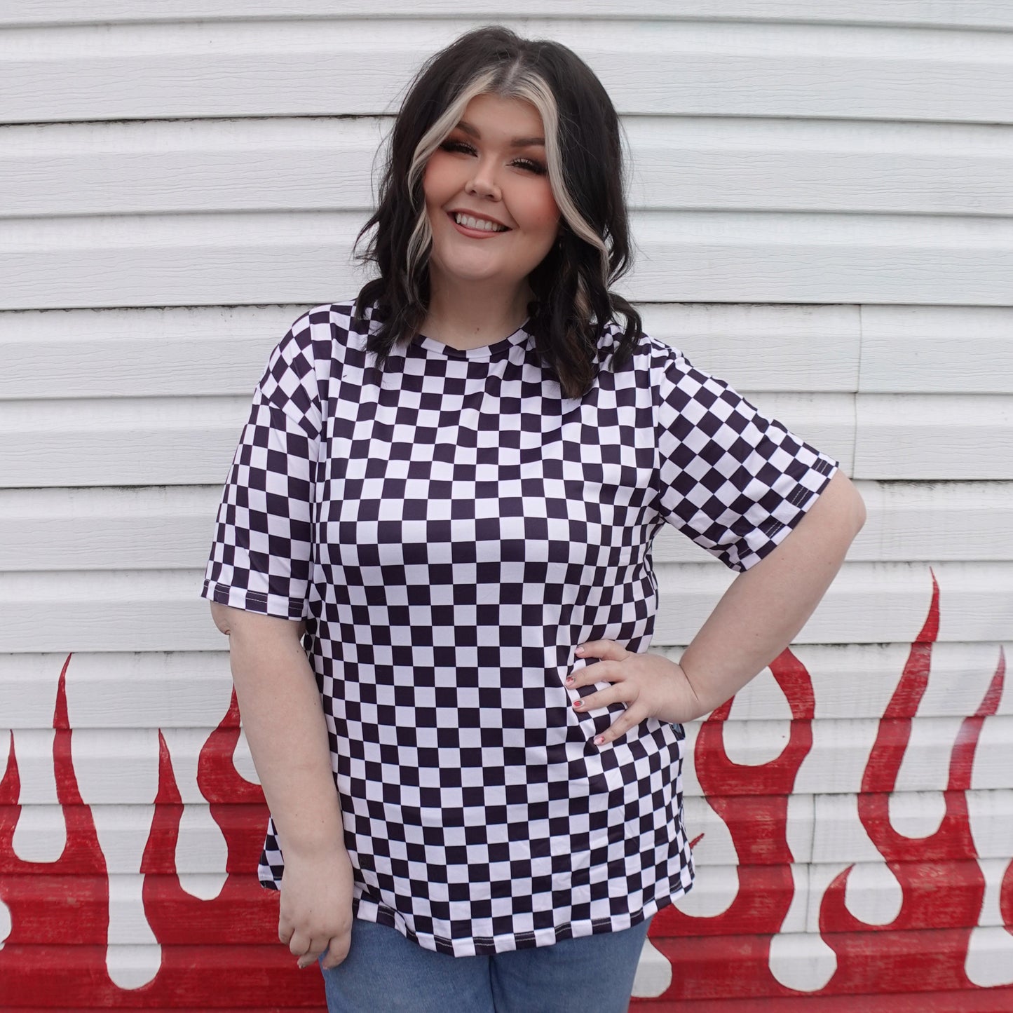 Checkered Print Split Side Tee