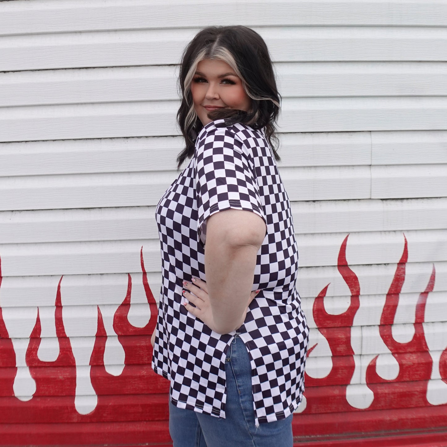 Checkered Print Split Side Tee