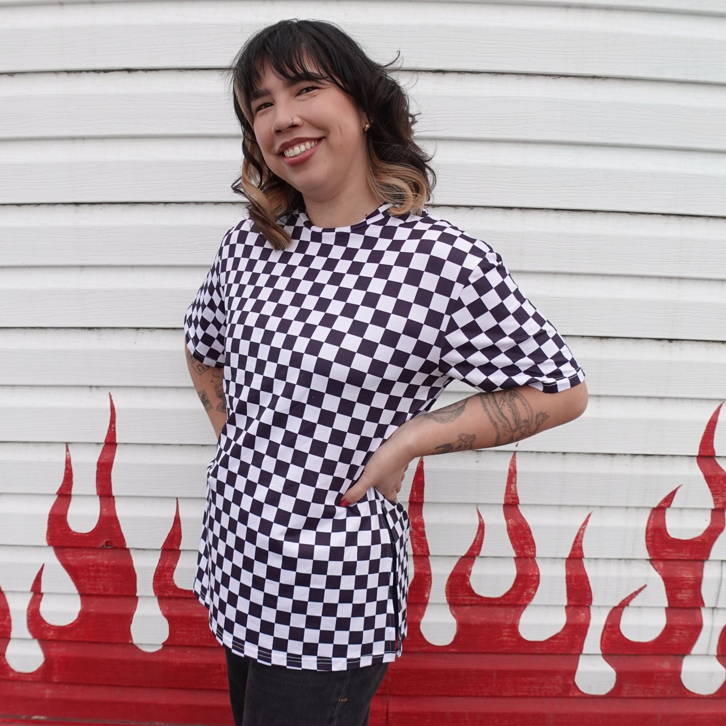 Checkered Print Split Side Tee
