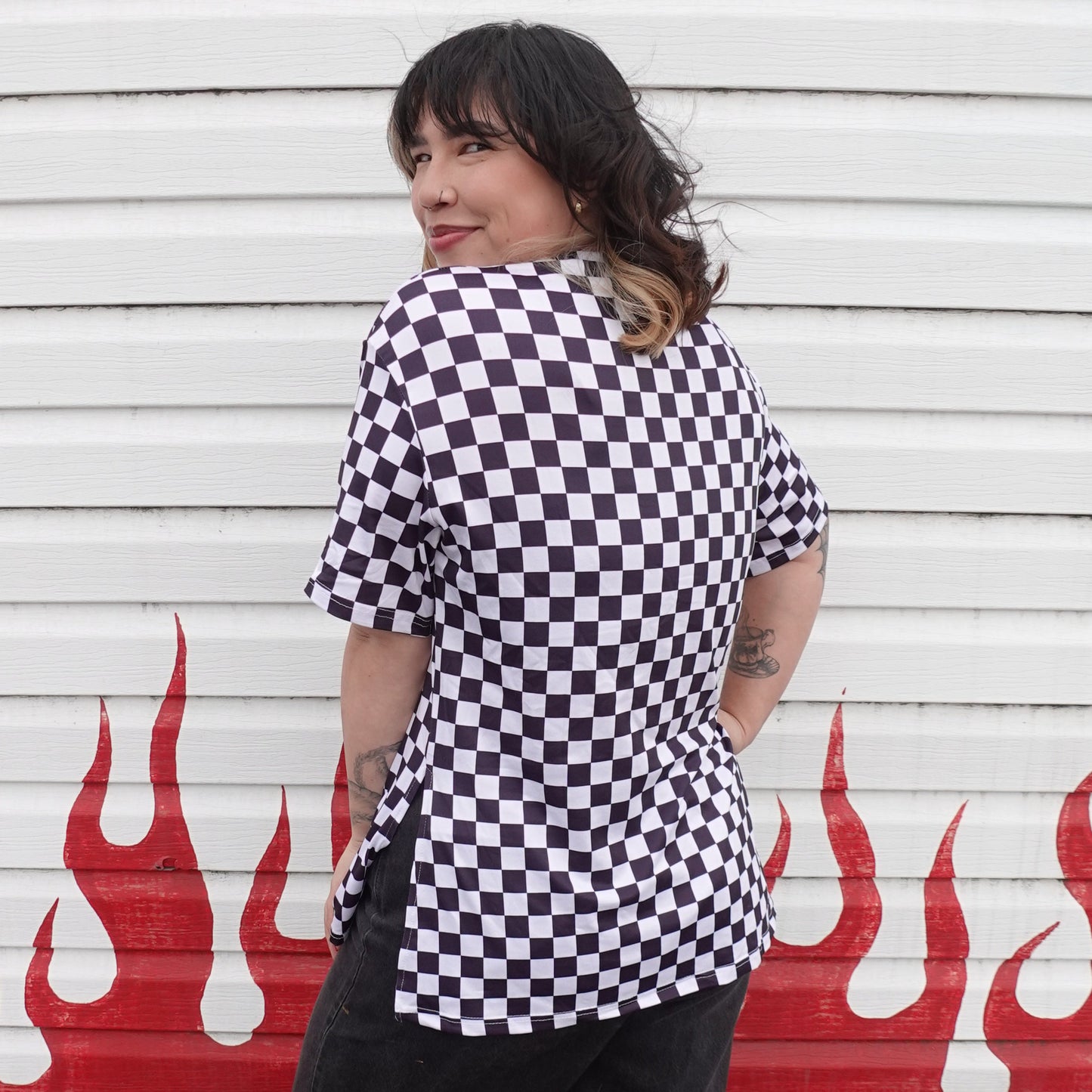 Checkered Print Split Side Tee