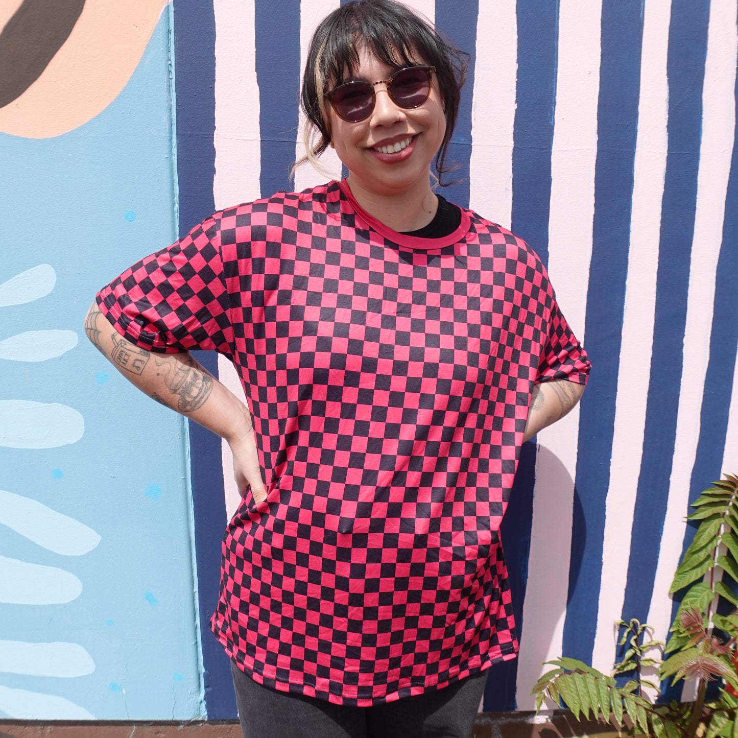 Hot Pink Checker Print Tee - Comfy Fit
