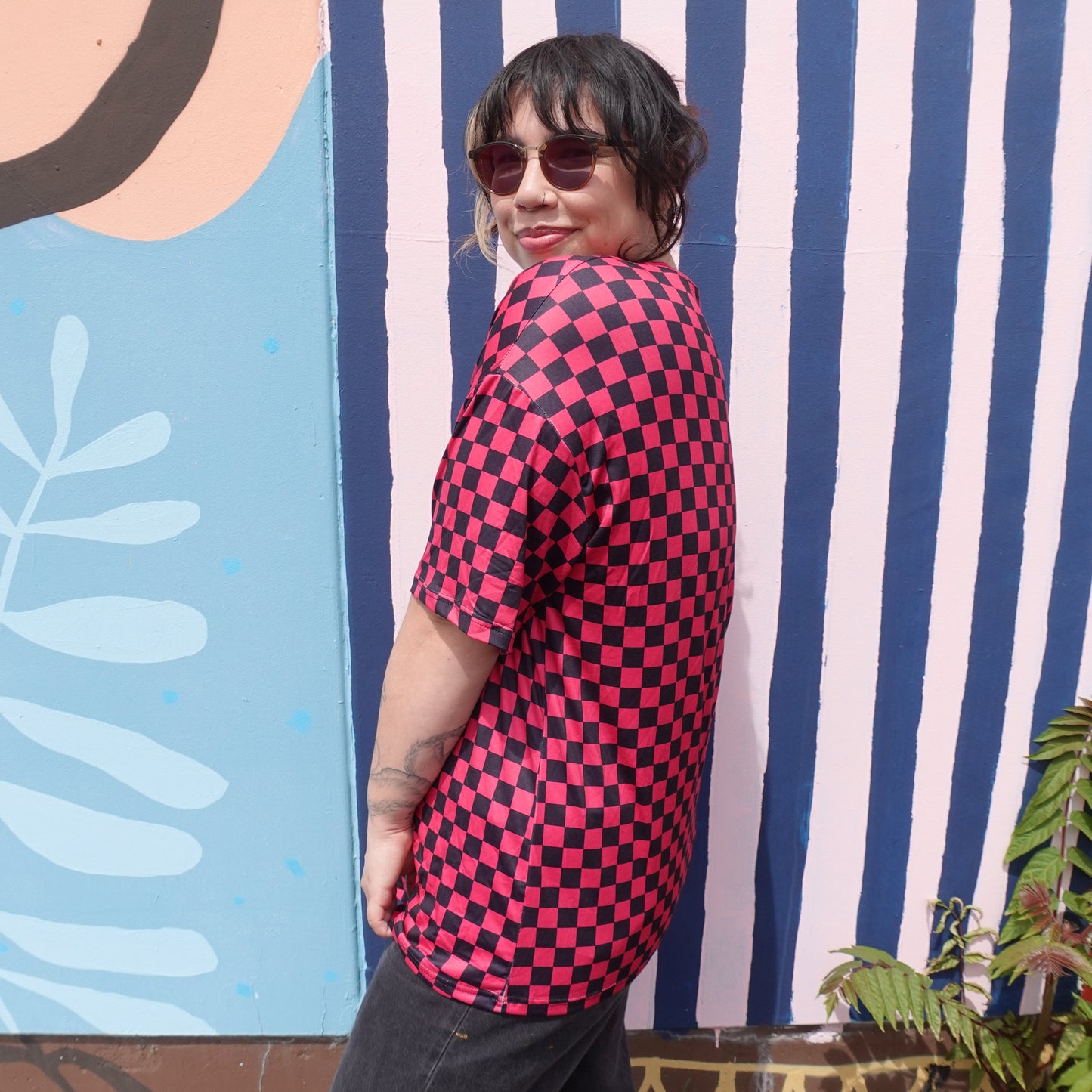 Hot Pink Checker Print Tee - Comfy Fit