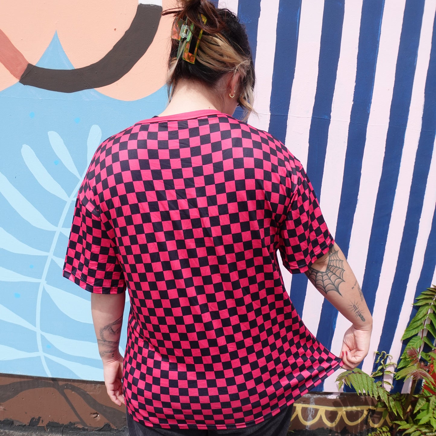 Hot Pink Checker Print Tee - Comfy Fit