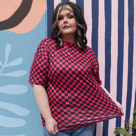 Hot Pink Checker Print Tee - Comfy Fit