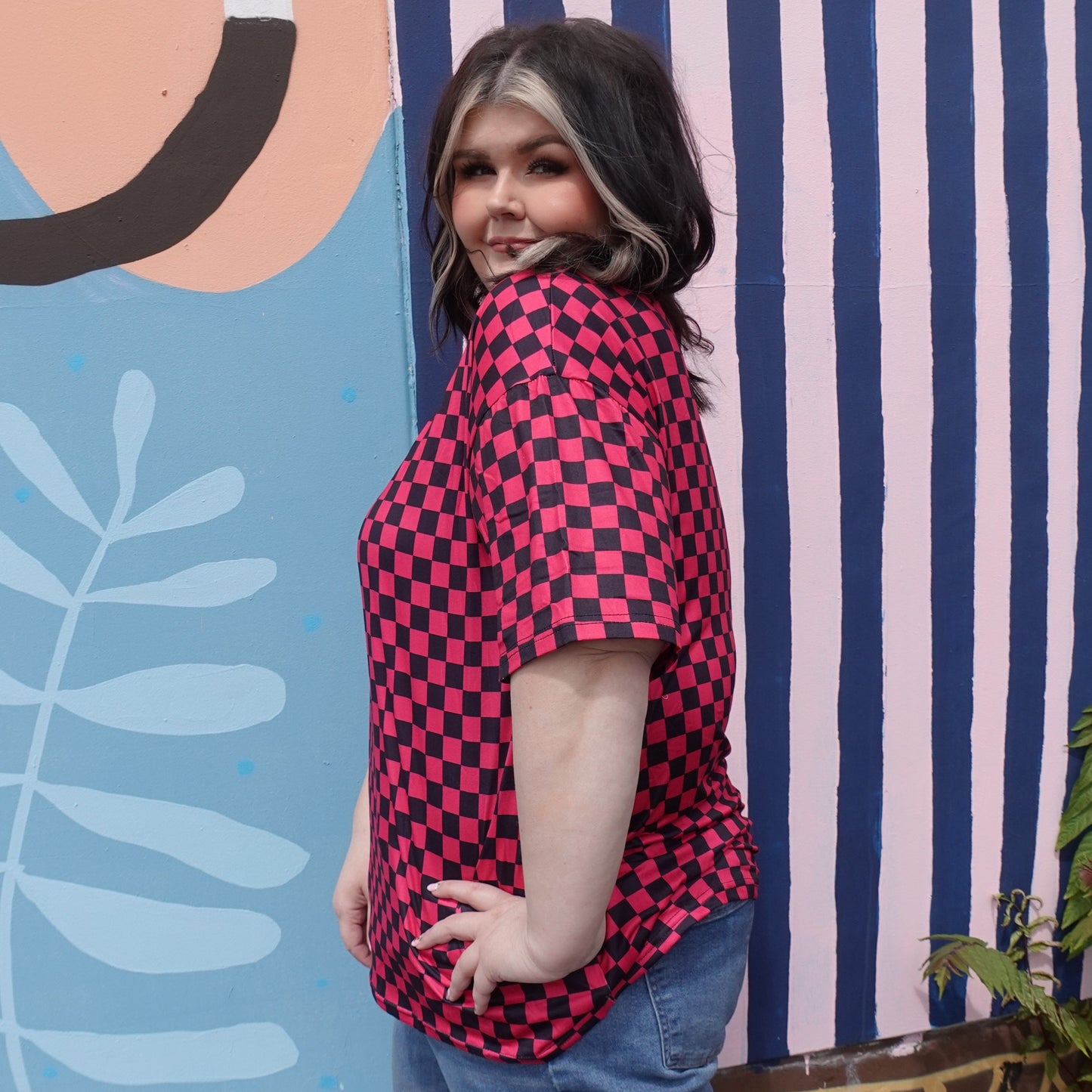 Hot Pink Checker Print Tee - Comfy Fit