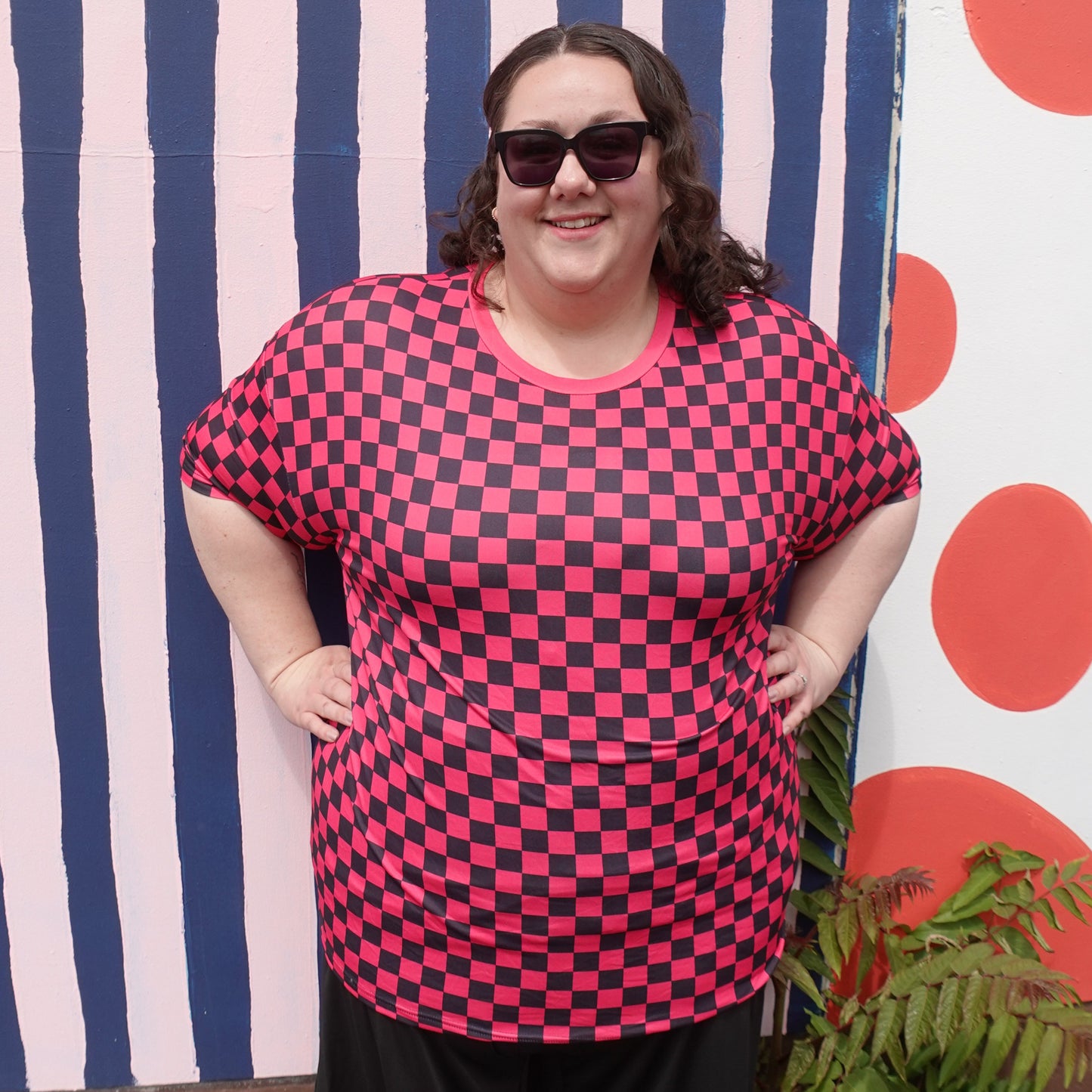 Hot Pink Checker Print Tee - Comfy Fit