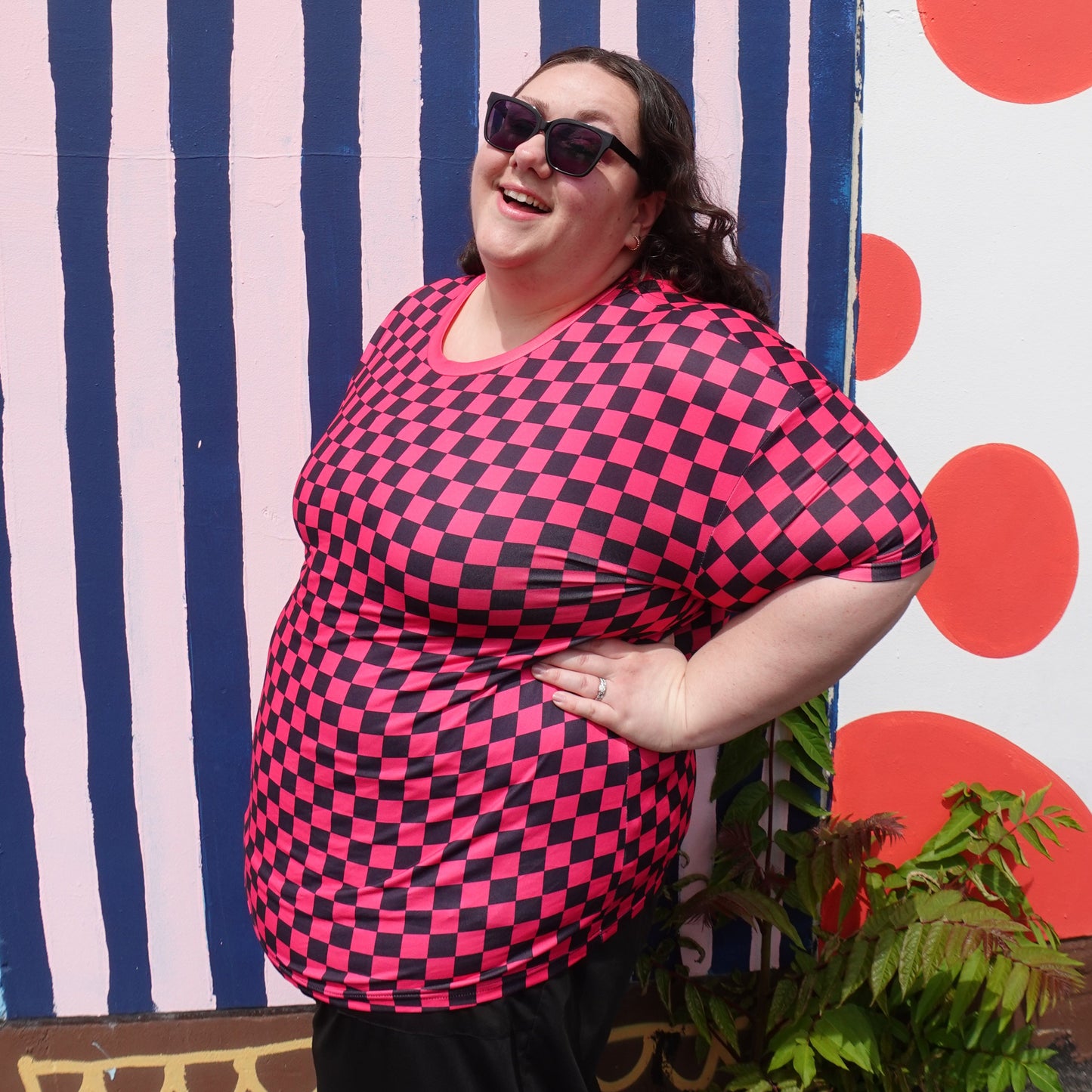 Hot Pink Checker Print Tee - Comfy Fit