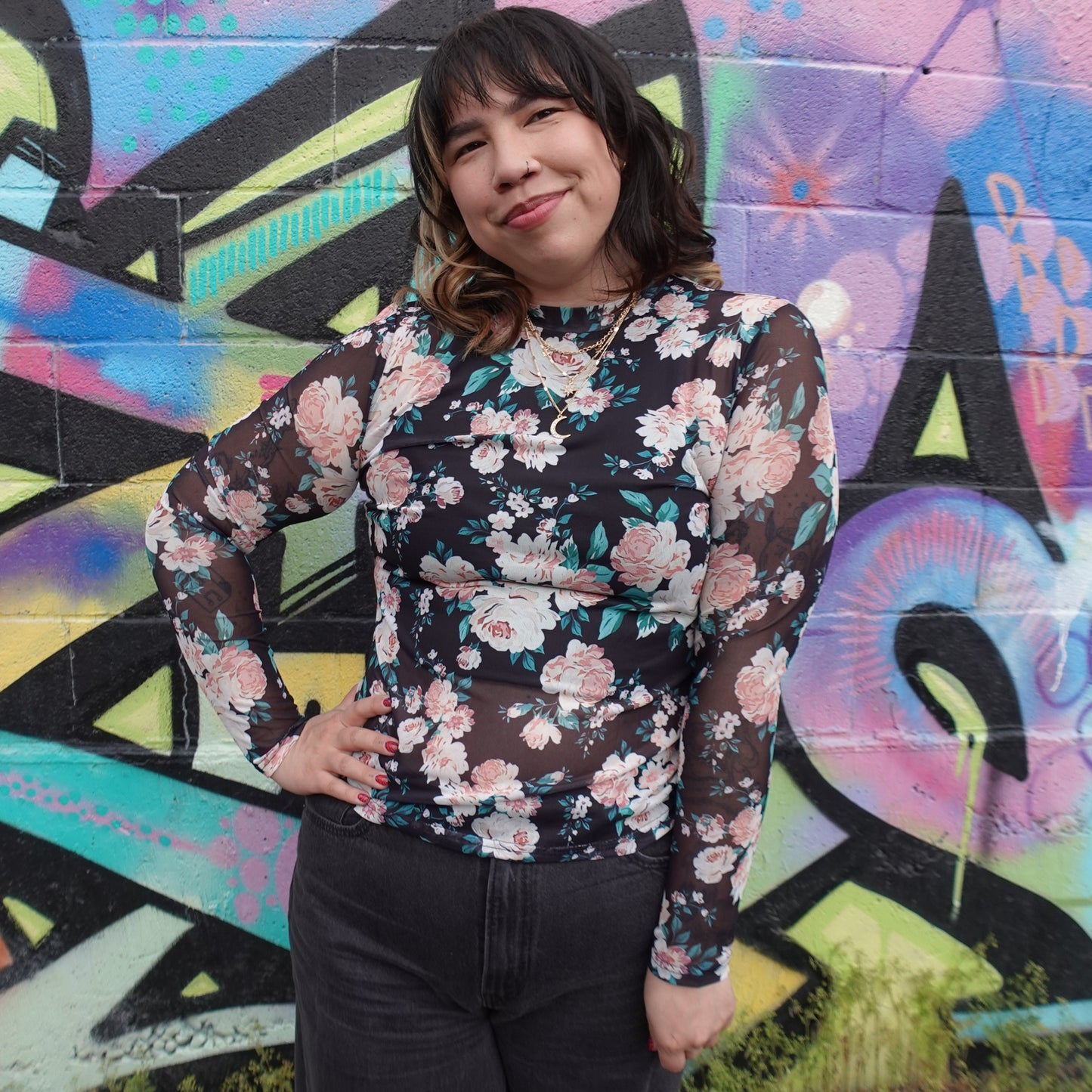 Black Floral Sheer Mesh Top