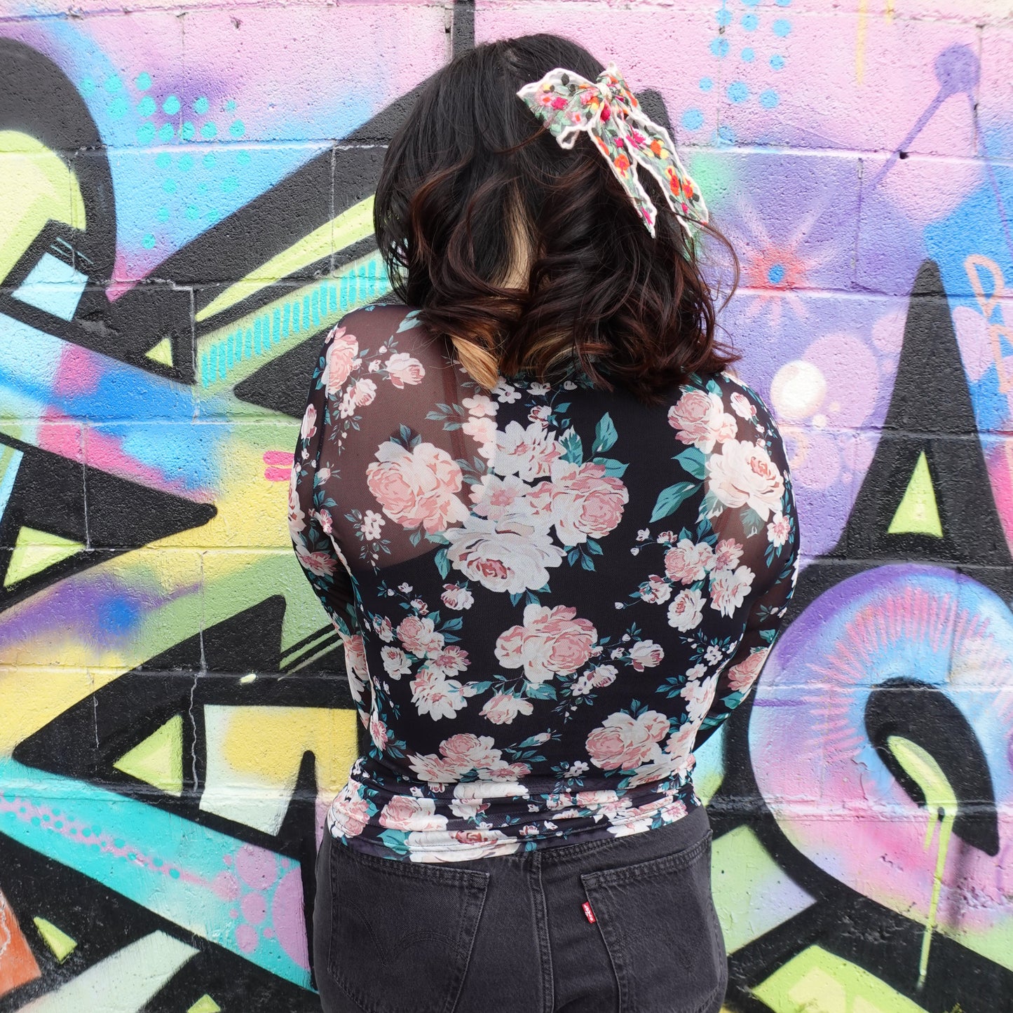 Black Floral Sheer Mesh Top