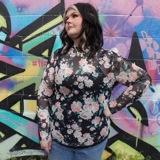 Black Floral Sheer Mesh Top