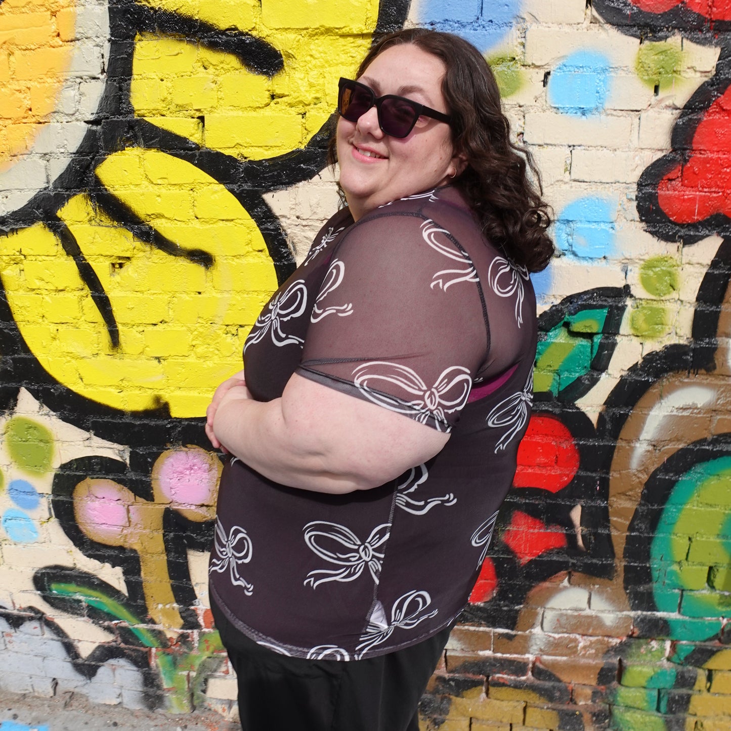 Bow Print Mesh Top