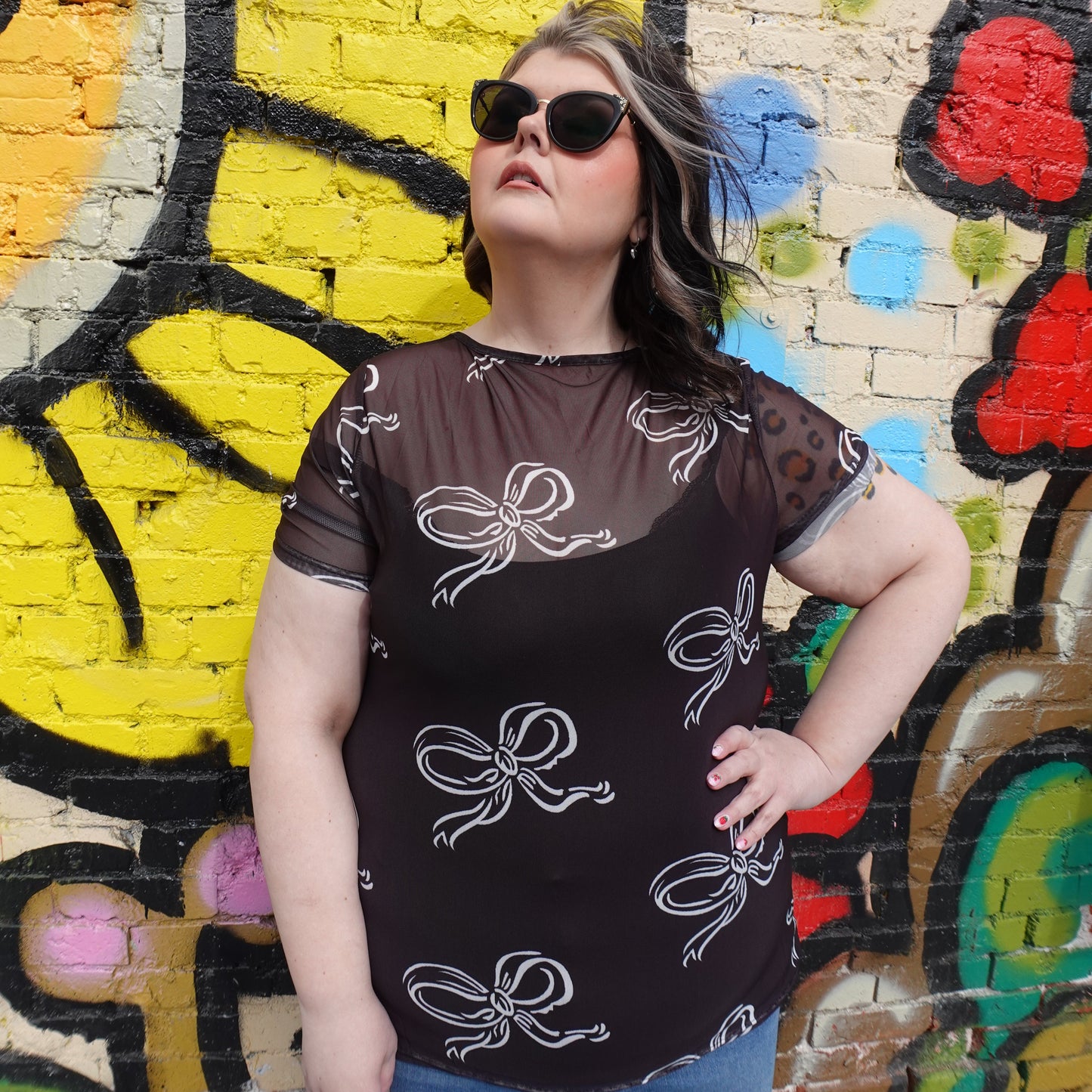 Bow Print Mesh Top