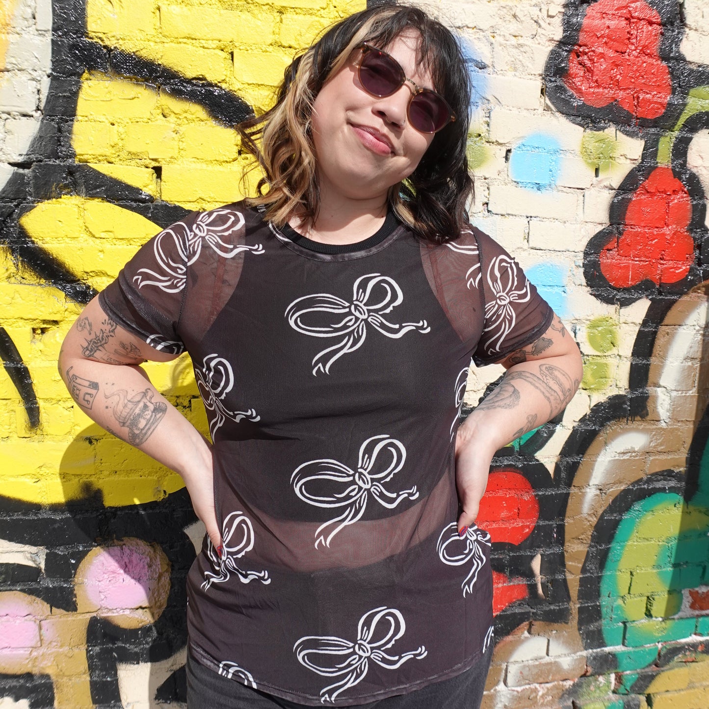 Bow Print Mesh Top