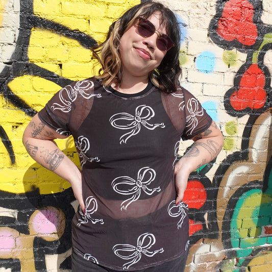 Bow Print Mesh Top