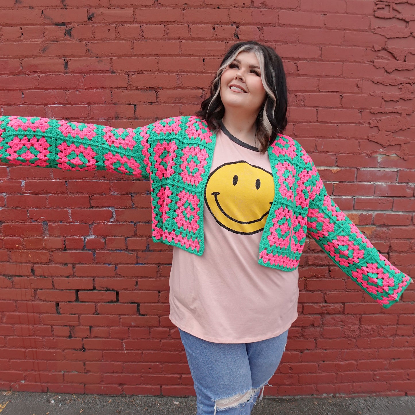 PINK & GREEN CROCHET CARDIGAN