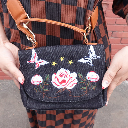 DO NOT DISTURB EMBROIDERED DENIM CROSSBODY BAG