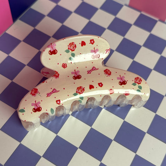 Cream Wiith Roses and Cherry Bows Hair Claw