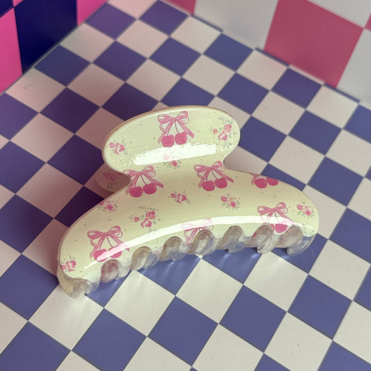 Cream with Pink Flowers & Cherry Bow Hair Claw