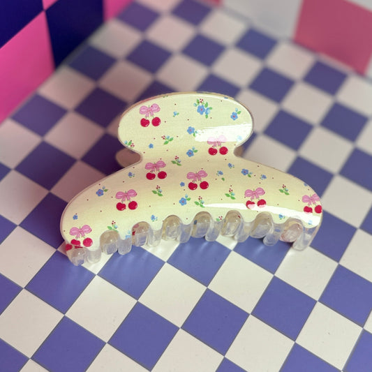 Cream Cherry Bow Hair Claw With Blue Flowers