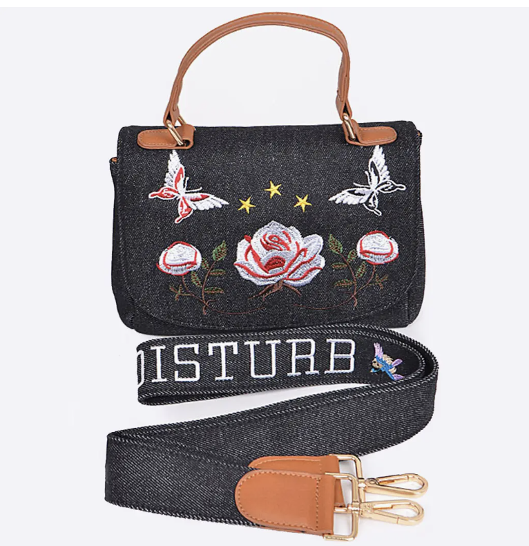 DO NOT DISTURB EMBROIDERED DENIM CROSSBODY BAG